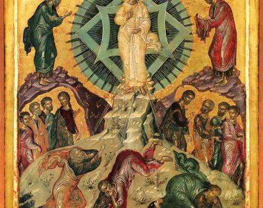 Icon of the Transfiguration, depicting Christ in glory flanked by Moses and Elijah, with the disciples cowering.