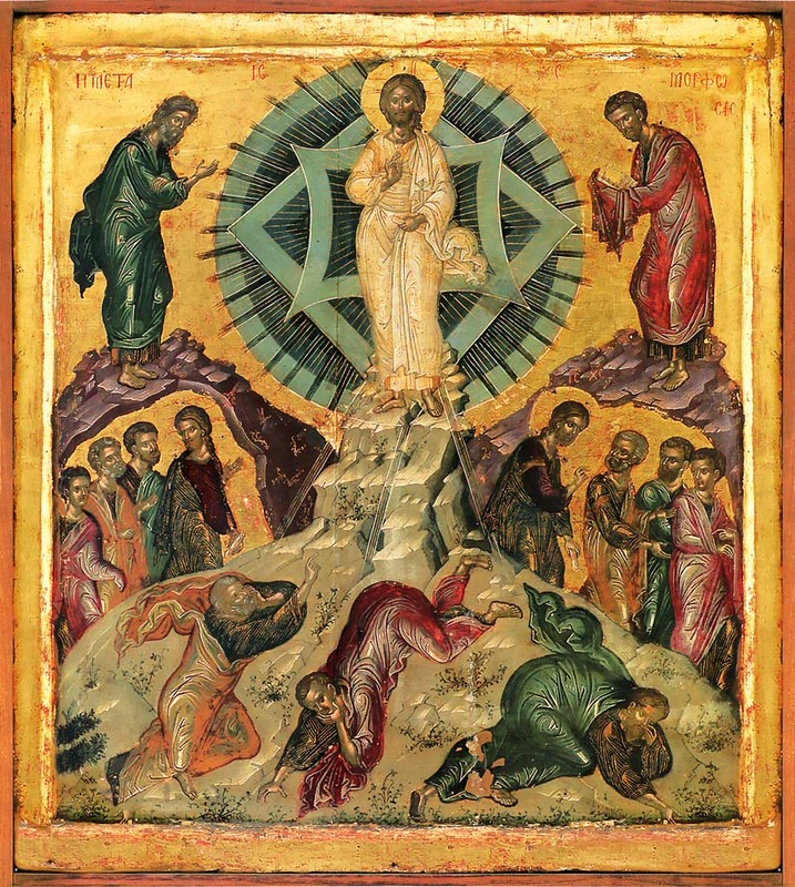 Icon of the Transfiguration, depicting Christ in glory flanked by Moses and Elijah, with the disciples cowering.