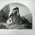 A painting of Hagar and Ishmael in The Wilderness. Hagar is weeping next to her son.