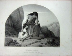 A painting of Hagar and Ishmael in The Wilderness. Hagar is weeping next to her son. 