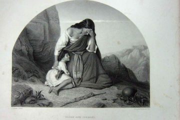 A painting of Hagar and Ishmael in The Wilderness. Hagar is weeping next to her son.