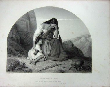 A painting of Hagar and Ishmael in The Wilderness. Hagar is weeping next to her son.