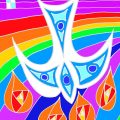 A painting of a dove descending onto tongues of fire, with a rainbow background.