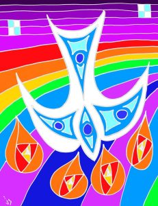 A painting of a dove descending onto tongues of fire, with a rainbow background.