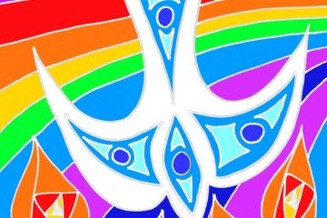 A painting of a dove descending onto tongues of fire, with a rainbow background.