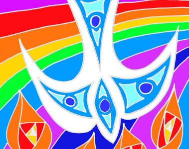 A painting of a dove descending onto tongues of fire, with a rainbow background.