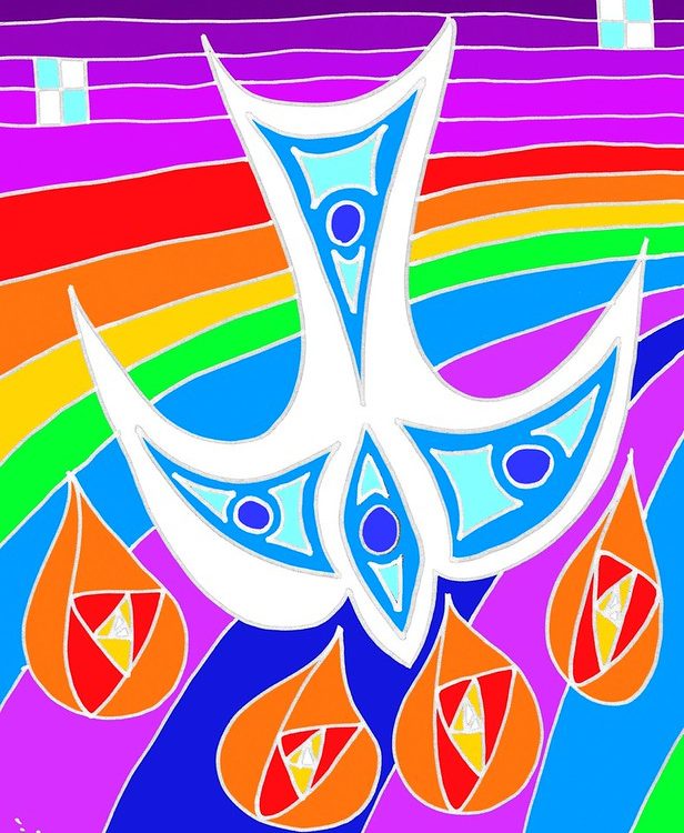 A painting of a dove descending onto tongues of fire, with a rainbow background.
