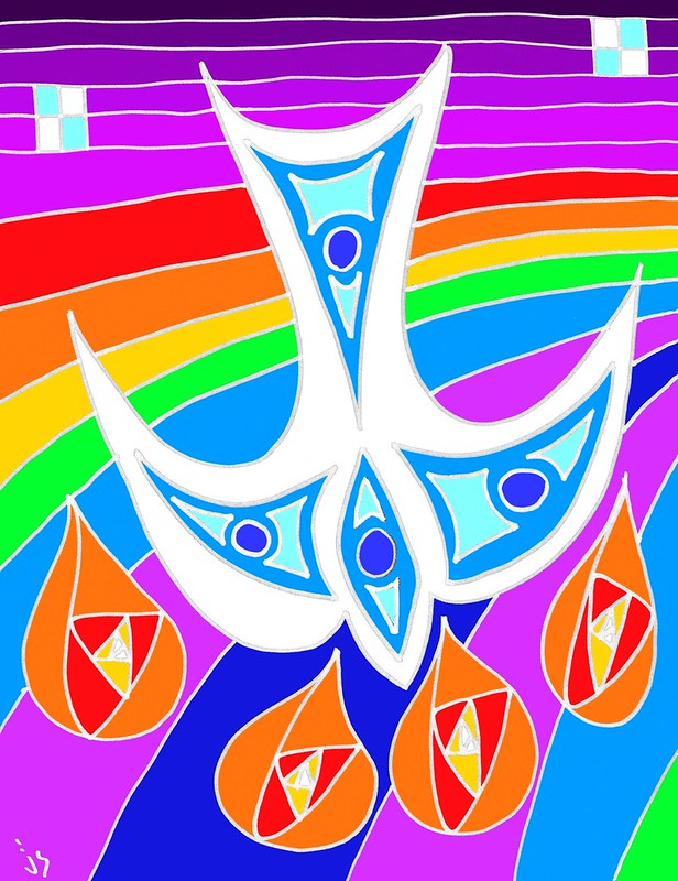 A painting of a dove descending onto tongues of fire, with a rainbow background.