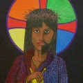 An icon of Jesus with a rainbow halo behind Christ's head and an androgynous look to the face.