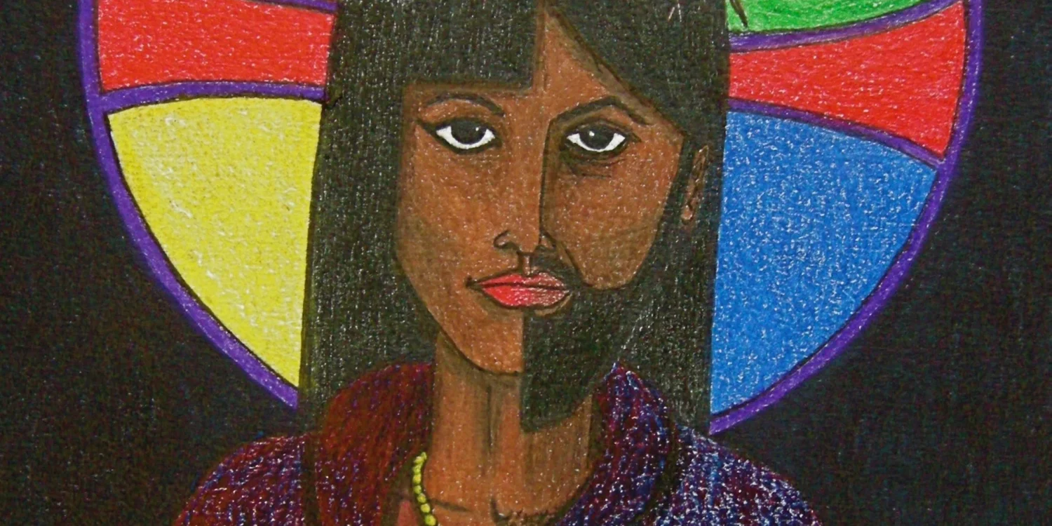 An icon of Jesus with a rainbow halo behind Christ's head and an androgynous look to the face.