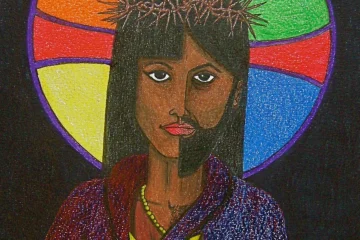 An icon of Jesus with a rainbow halo behind Christ's head and an androgynous look to the face.