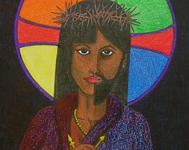 An icon of Jesus with a rainbow halo behind Christ's head and an androgynous look to the face.