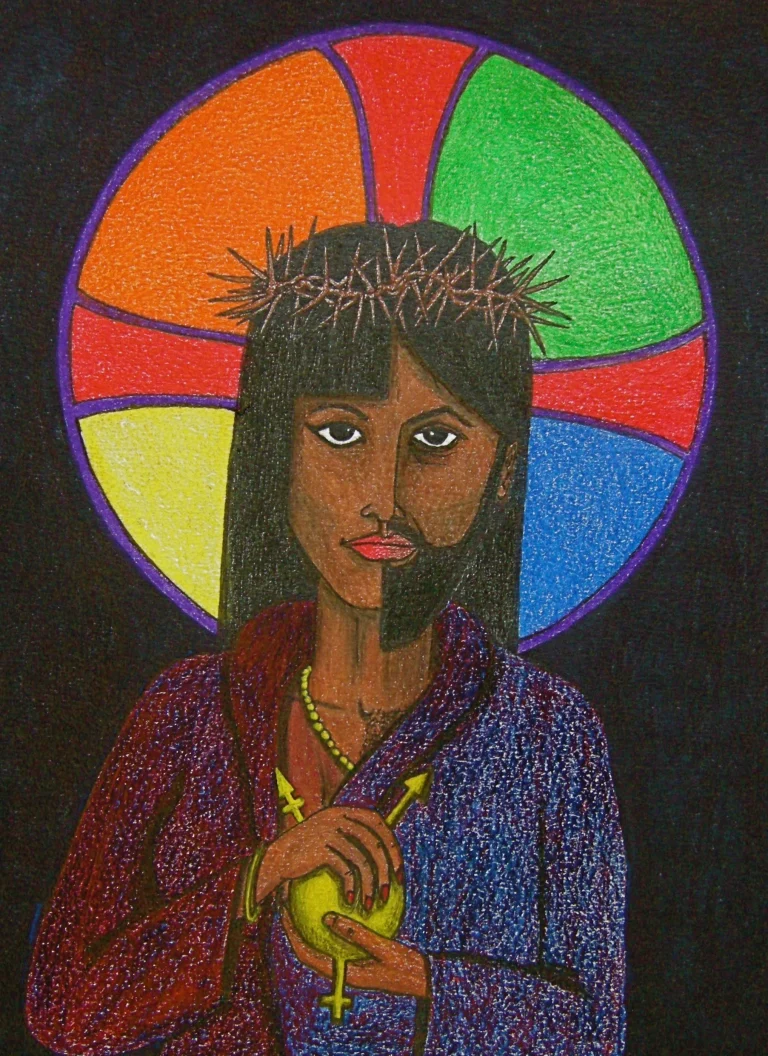 An icon of Jesus with a rainbow halo behind Christ's head and an androgynous look to the face.