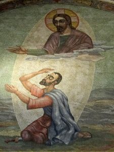 Iconography of the Apostle Paul as he is blinded, with Jesus above him.