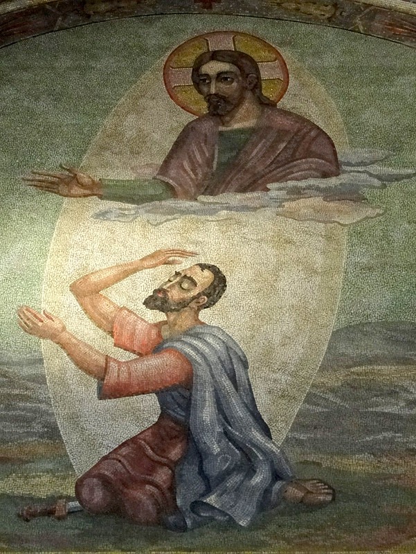 Iconography of the Apostle Paul as he is blinded, with Jesus above him.