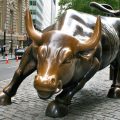 The bull statue that can be seen at Wall Street in New York City. It is seen facing the camera.