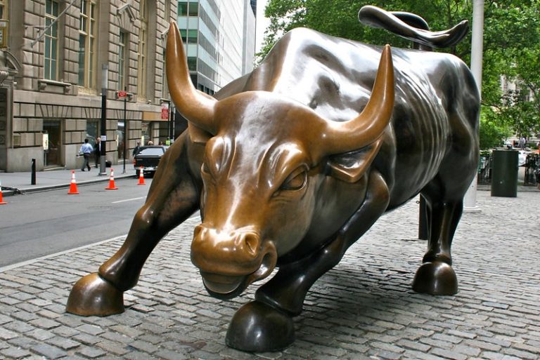 The bull statue that can be seen at Wall Street in New York City. It is seen facing the camera.